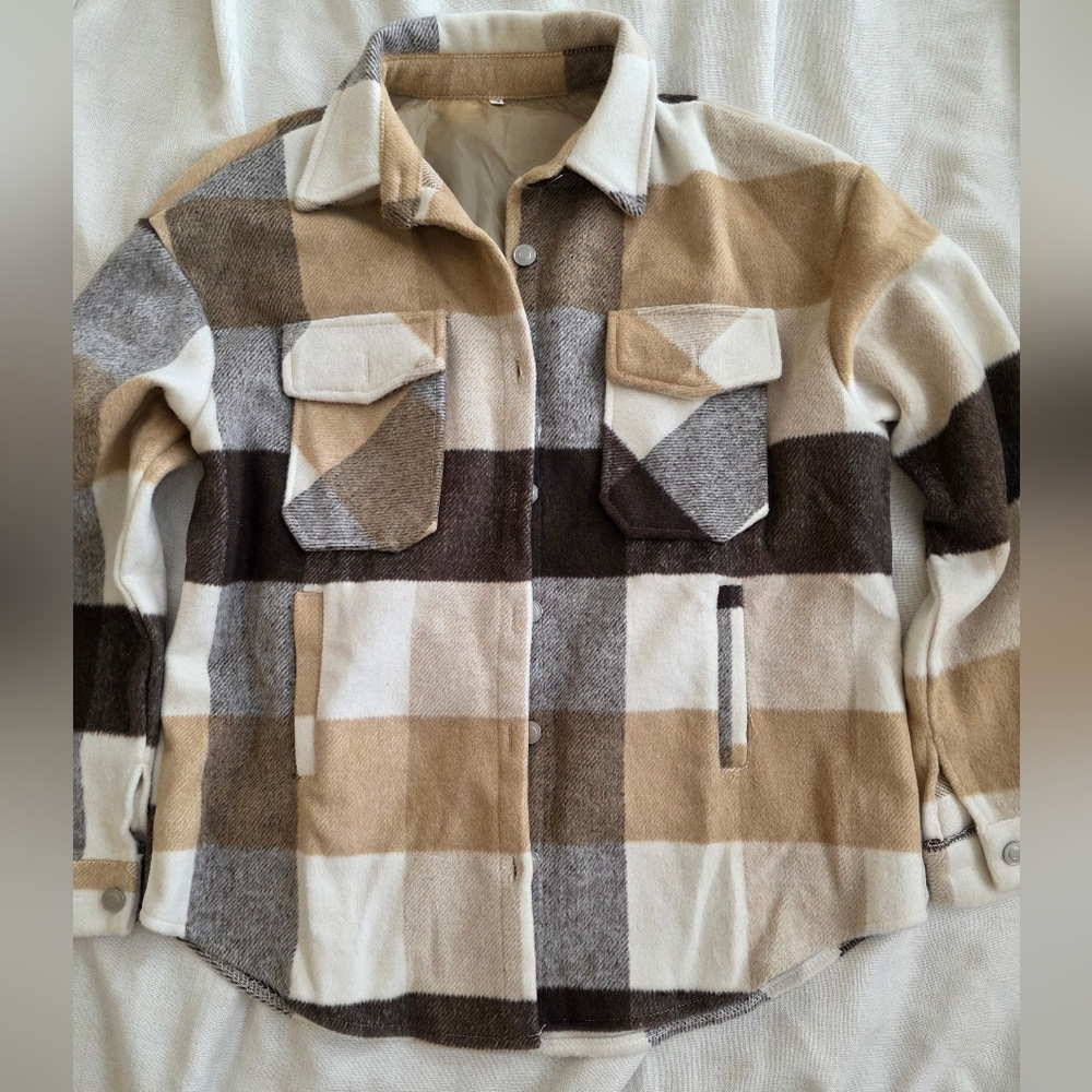 Womens Plaid Shacket Button Flannel‎ Shirt Jacket Brown Color Blend NWOT Size SM
